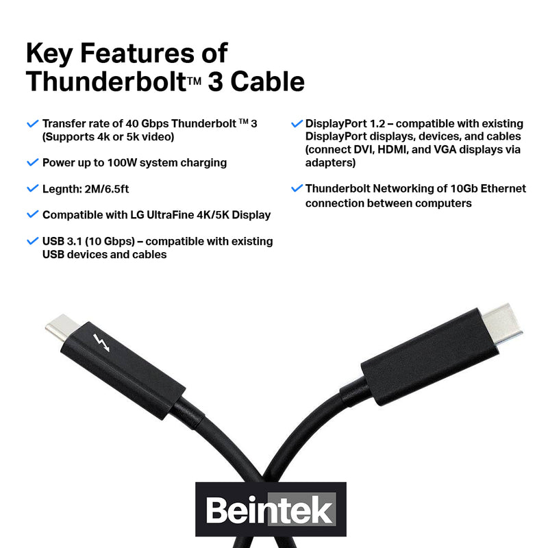 [Certified] Thunderbolt 3 Cable (2M/6.5FT)–Active 40Gbps/100W Charging - Beintek