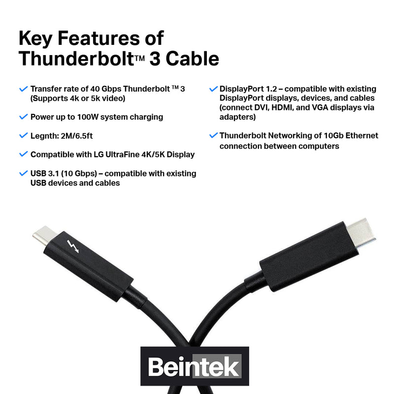 [Certified] Thunderbolt 3 Cable (2M/6.5FT)–Active 40Gbps/100W Charging - Beintek